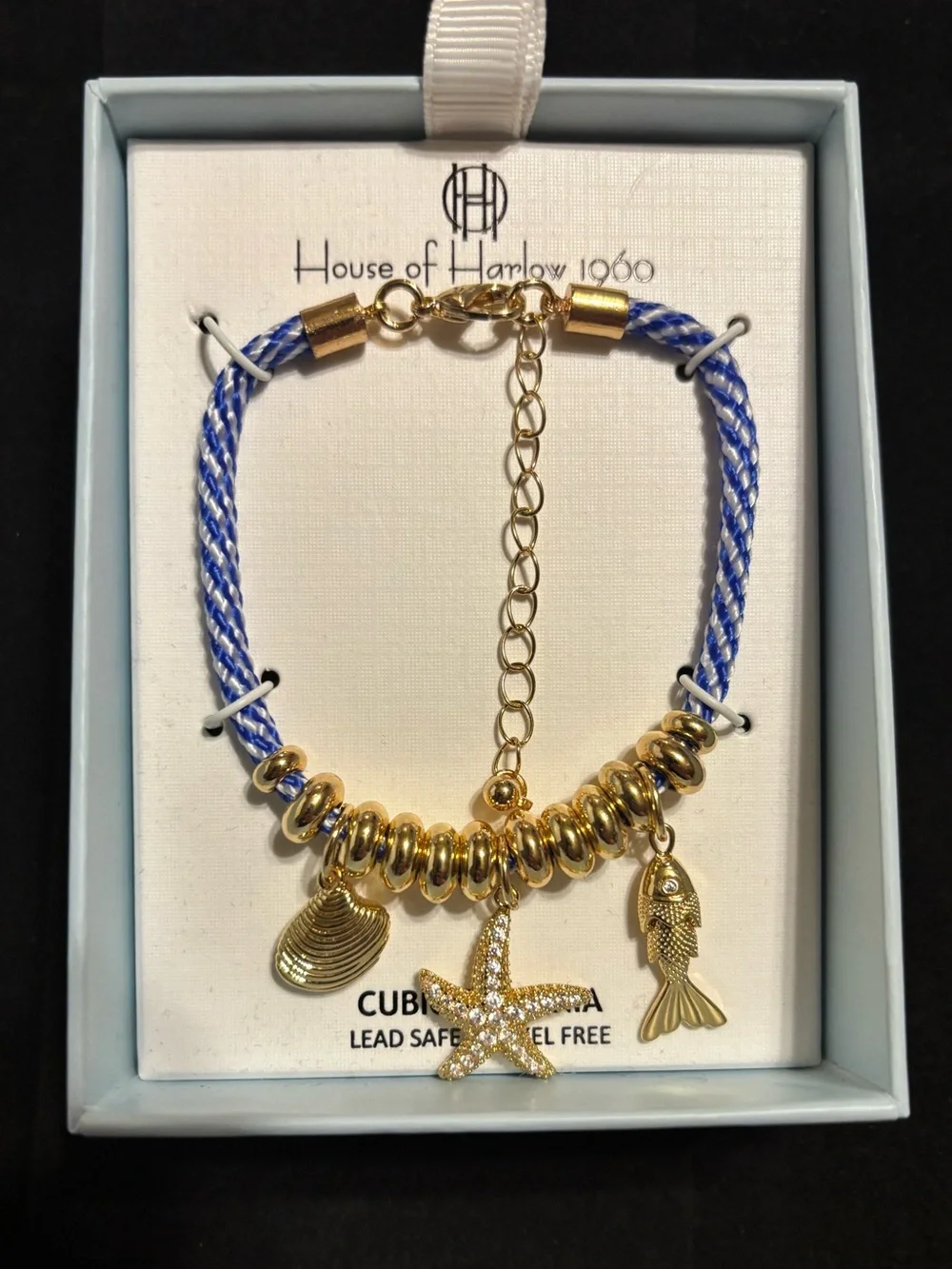 House of Harlow 1960 Nautical Sea Charm Bracelet Blue Cord NIB